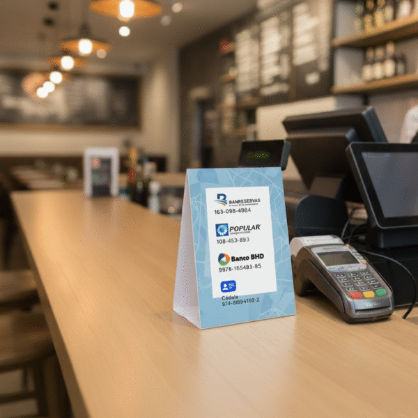 Letrero de mesa triangular con información bancaria de Banreservas, Popular y BHD en un mostrador de madera.