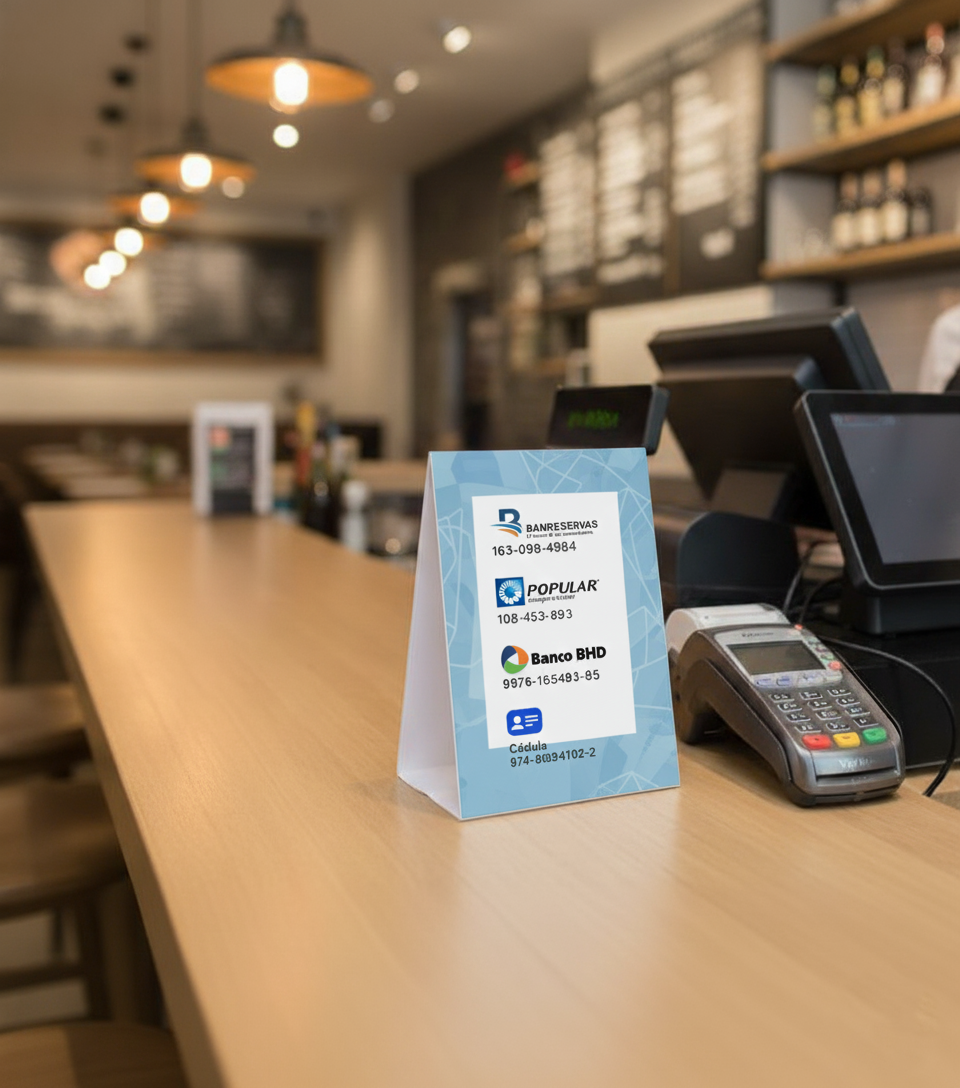 Letrero de mesa triangular con información bancaria de Banreservas, Popular y BHD en un mostrador de madera.